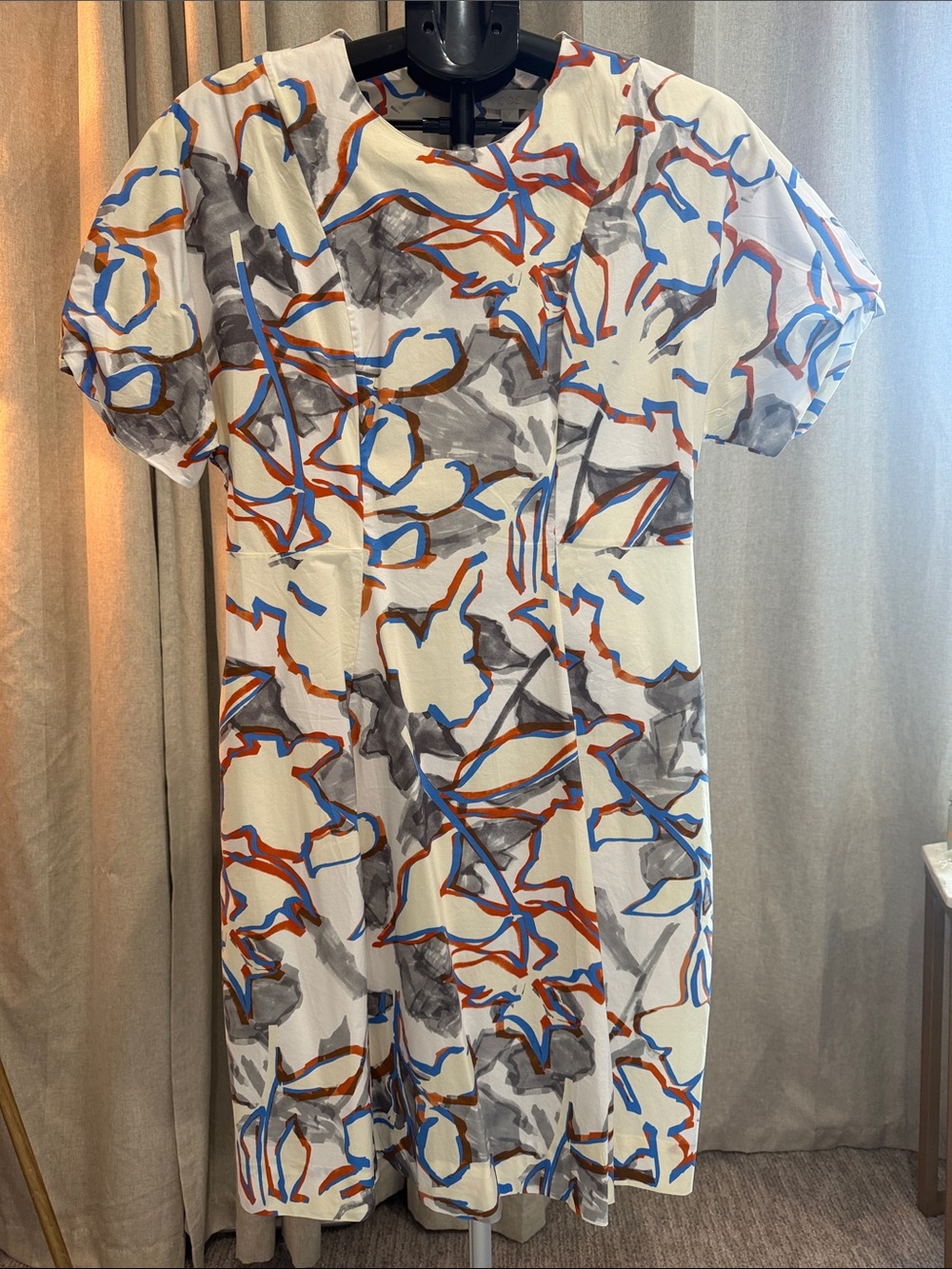 COS White Dress with Abstract Blue, Rust and Gray Print